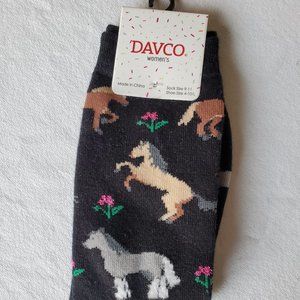 Davco Socks Black w/ Horses Ponies Flowers Sz9-11